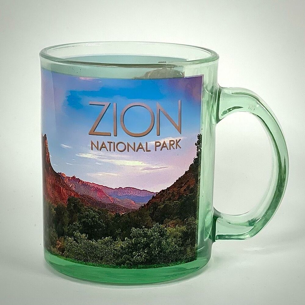 Vintage ZION National‎ Park Clear Green Glass Mug 12oz Scenic Canyon